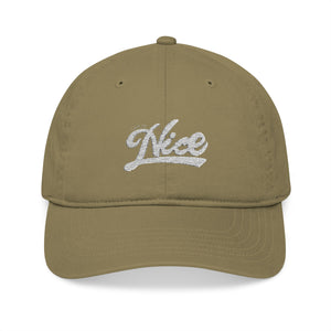 Organic Embroidered Baseball Cap - 'Life is Nice' Front & Smiley Back