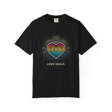 Load image into Gallery viewer, Rainbow Heart Love Heals Unisex T-Shirt, Inspirational Tee, Gift for Wellness, Pride Shirt, Positive Vibes Apparel
