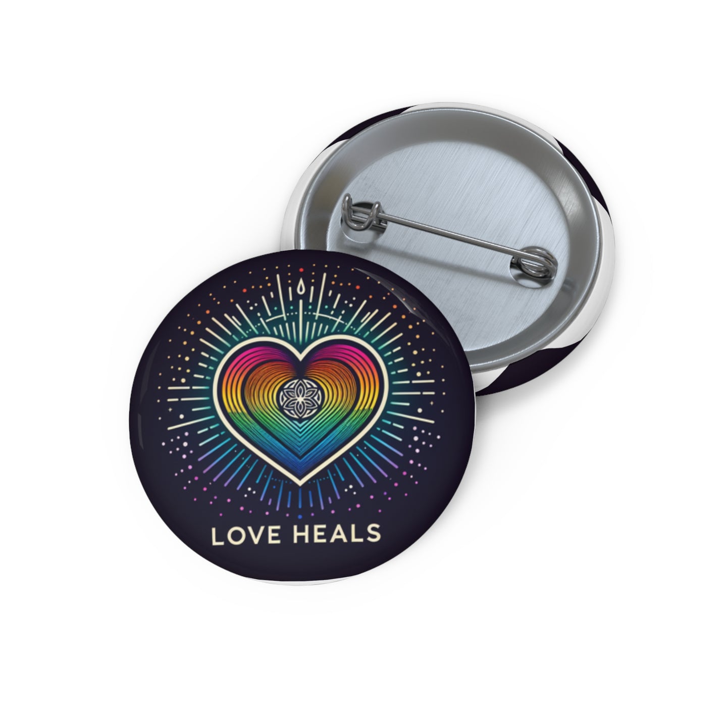 Custom Pin Buttons - Love Heals, Pride Button, Rainbow Heart Badge, Inspirational Gift, LGBTQ+ Accessory, Eco-Friendly Pin