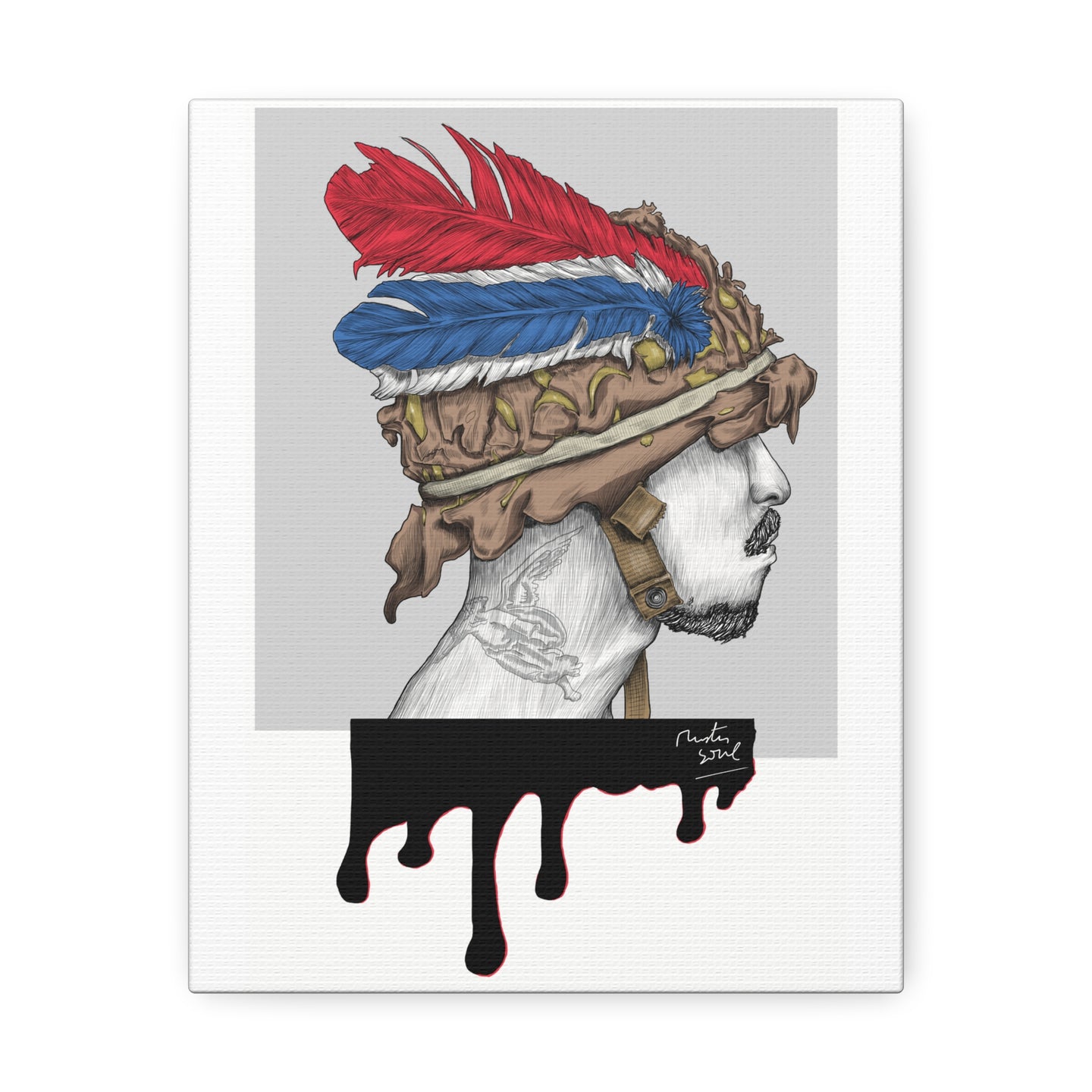 Artistic Stretched Canvas - Vibrant Warrior with Feathers and Paint Drips